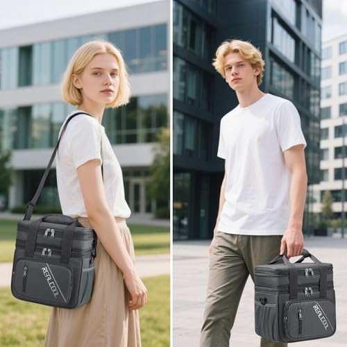 RealCool Lunch Bag, Insulated Lunch Box for Men Women, Double Deck Leakproof Soft Cooler Bag with Adjustable Strap, Reusable Lunchbox for Work, Travel, Camping (Grey) - color: Gray