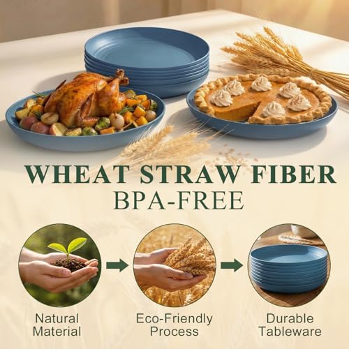 Deep Dinner Plates 11 Inch, Plastic Plates Reusable, Unbreakable Wheat Straw Plates Set of 8, Microwave and Dishwasher Safe Big Plate for Steak, Chicken, Casserole - Blue - color: Blue, size: 11 Inch