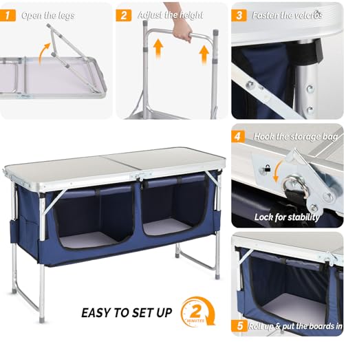 VINGLI 4 Ft Folding Table, Aluminum Camping Table, Picnic Table with Storage, Adjustable Height for Outdoor Beach BBQ Backyards Travel Party (White ＆ Blue) - color: White ＆ Blue
