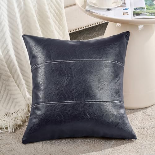 Fancy Homi 2 Packs Navy Blue Faux Leather Decorative Throw Pillow Covers 18x18 Inch for Living Room Couch Bed Sofa, Modern Farmhouse Boho Home Decor, Hand Stitched Accent Square Cushion Case 45x45 cm - color: Navy Blue, size: 18" x 18" (Pack of 2)