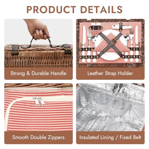 Picnic Basket Set for 2 Persons with Cooler and Waterproof Picnic Blanket, Classical Wicker Picnic Baskets with Waterproof & Sand-Proof Beach Mat,Willow Hamper Service Gift Set - size: 15.45" for 2 Persons With Cooler