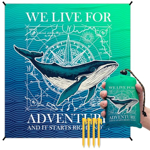 Beach Whale Pocket Picnic Blankets, Blue Ocean Coastal Mini Beach Camping Blanket Waterproof Sandproof, Rustic Sea RV Outdoor Picnic Blanket Mat Gifts for Camper Campsite Travel 55x60in - color: Whale