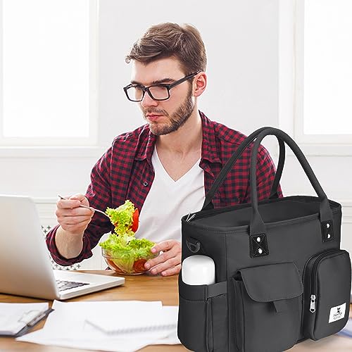 Hafmall Large Insulated Lunch Bag for Women Men, Leakproof Lunch Box for Adults, Wide Opening Lunch Tote Bag with Shoulder Strap, Reusable Lunch Cooler Bag for Work, Picnic, Black - color: Black