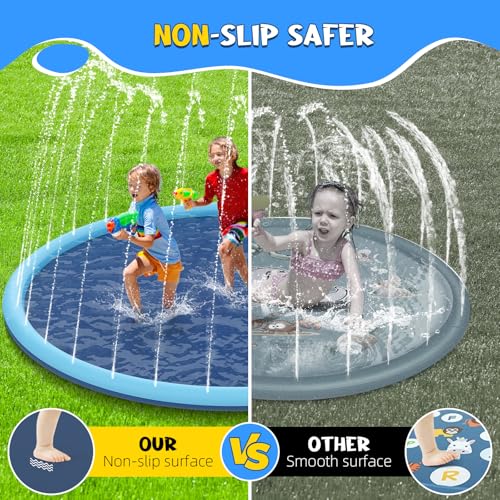 Non-Slip Splash Pad for Kids and Dog, 70" Extra Large Baby Play Mat, Dog Pool Toys, Thicken Sprinkler Pool Summer Outdoor Water Toys for Ages 3-12 Boys Girls, Parent-Kids &Games Fun Backyard (Blue) - size: 70in
