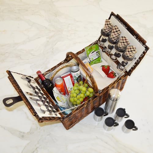 Picnic at Ascot Buckingham Willow Picnic Basket with Service for 4 and Coffee Service - Blue Stripe - color: Brown Wicker- London Plaid Plates/Napkins