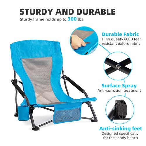 Portable Folding Beach Chair for Adults Set of 2 - Lightweight Low Back Sling Chair with Cup Holder & Storage Pocket, 300lbs Capacity Camping Chair for Outdoor Lawn (Blue) - color: Blue, size: 2 pcs