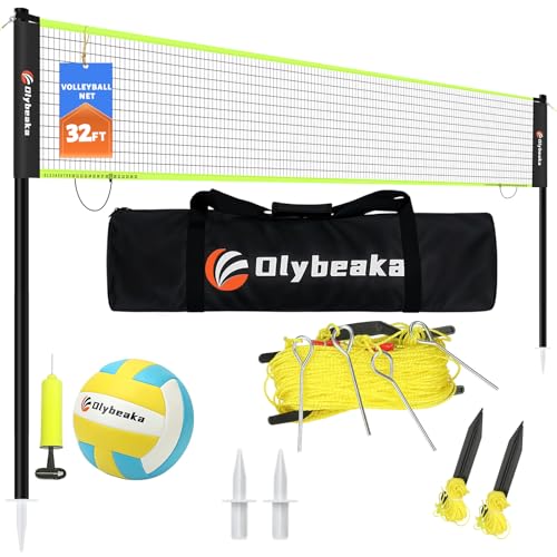 32ft Regulation Size Portable Outdoor Volleyball Net Set System for Backyard Beach with Height Adjustable Poles, PU Volleyball and Pump, Carry Bag, Boundary Line - Easy Set Up & Anti-Sagging - color: Black and Green