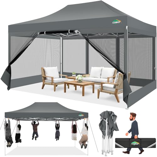 COBIZI 10x15 Heavy Duty Pop up Canopy with 4 Sidewalls, Canopy Tent with Mosquito Netting, Easy up Screen Party Tents for Parties Wedding Patio Backyard Commercial Gazebo with Handbag, Gray - color: Gray, size: 10x15ft(standard)