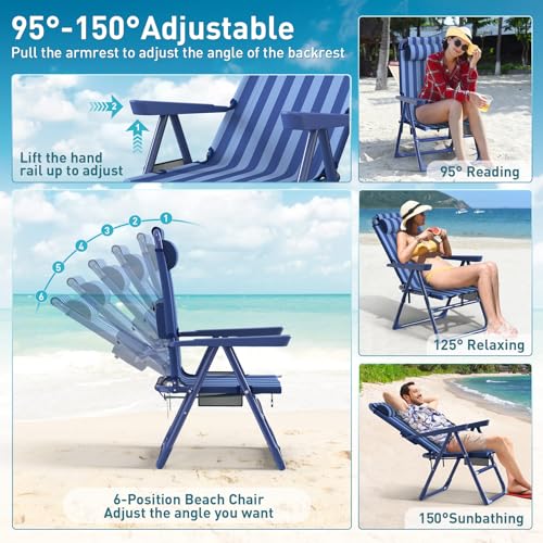 Suteck Backpack Beach Chair for Adults - 6-Position Folding Reclining Chair with Cooler Bag & Cup Holder, Lightweight Portable Beach Chair for Camping, Outdoor, Sand, Travel Use - color: Dark Blue Stripes