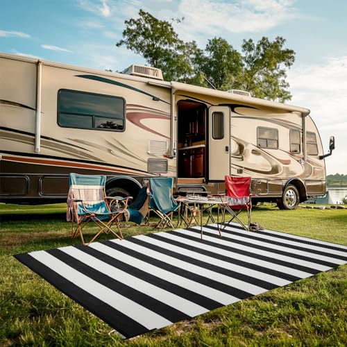 Outdoor Rug 9 x 12 ft, Reversible Plastic Straw Rug for Patio, Waterproof Large Outdoor Carpet for RV, Patio, Camping, Backyard, Deck, Picnic, Beach, Black & White - color: Black/White, size: 9'x12'