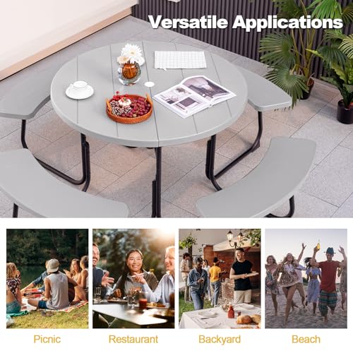 Tangkula 8 Person Picnic Table, Outdoor Round Picnic Table with 4 Built-in Benches, Umbrella Hole, Metal Frame & HDPE Tabletop, Outside Table and Bench Set for Backyard, 2300lbs Weight Capacity - color: Grey