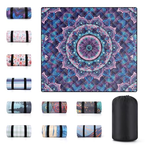 80x80" Extra Large Picnic Blankets Waterproof Sandproof Couple Outdoor Beach Blanket Foldable Grass Park Lawn Concert Mat Summer Camping Essentials Rv Travel Vacation Accessories Festival Gift - color: Purple Mandala, size: 6'8" x 6'8" (Square)