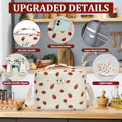TESAFNG Insulated Lunch Bag for Women, Cute Corduroy Reusable Lunch Box for Adult, Leakproof Cooler Bag for Work Office Travel Picnic, Lunch Tote Bag with Adjustable Shoulder Strap (Strawberry) - color: Strawberry