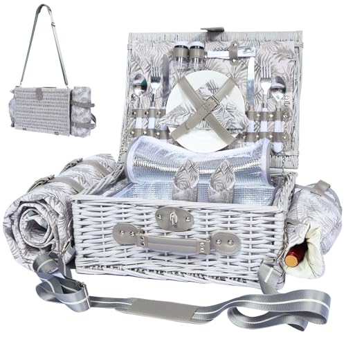 Picnic Basket for 2 with Blanket, Willow Picnic Basket Set with Shoulder Strap&Wine Pouch, Large Willow Hamper with Insulated Cooler for Outdoor, Camping, Beach, Couples, Wedding Gift - color: Gray Leaves