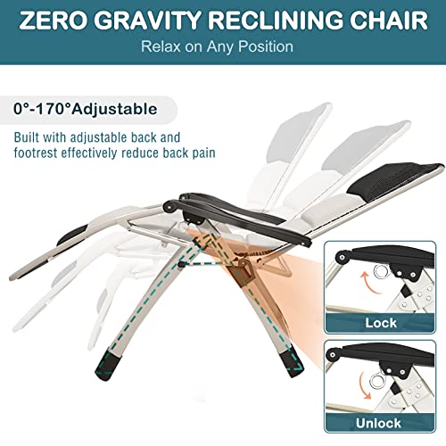 NAIZEA Padded Zero Gravity Chair, Folding Outdoor Lounge Chairs, Adjustable Reclining Camping Chairs with Cup Holder, Ergonomic Patio Lawn Chair for Balcony Beach Deck Yard - color: Ivory White, style: Zero Gravity Chair