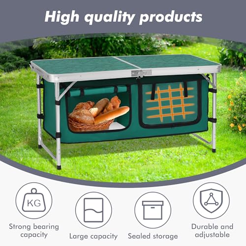 Camp Field Camping Folding Aluminum Table with Adjustable Legs for Outdoor Travel Beach, Backyards, BBQ, Party and Picnic Foldable Table - color: Green
