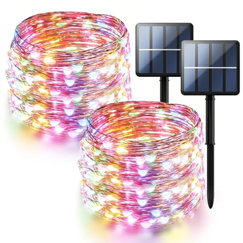 2-Pack 200 LED Solar Fairy Lights Outdoor, Upgraded Oversize Lamp Beads & Super Bright Solar String Lights Outoor, 8 Modes Solar Lights for Garden Patio Decorations(Multi-Colored) - color: Multicolor