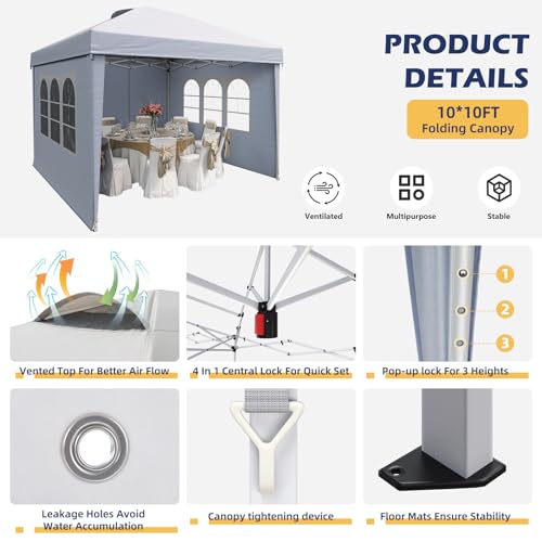 EROMMY 10x10 Heavy Duty Pop Up Canopy Tent with 4 Removable Sidewalls, Waterproof UV50+ Gazebo with Mosquito Netting, Easy Setup Instant Shelter for Backyard, Party, Wedding & Commercial Use, White - color: White, size: 10’x 10’