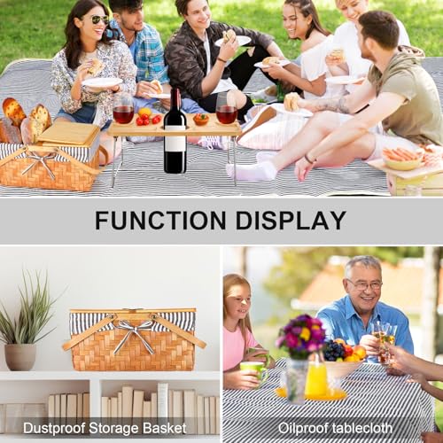 Blushtier Picnic Basket with Blankets Kit, Handwoven Natural Woodchip Basket with Lid Handle and Extra Large Foldable Waterproof Picnic Mat for Outdoor Camping Beach Grass Party Hiking Travel (Black)