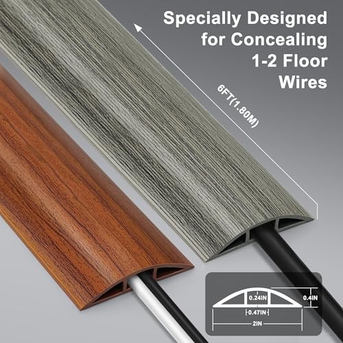 Cord Covers for Wires on Floor 6FT, LZEOY Cord Cover Floor, Wood Grey Floor Cable Management, Cable Protector Prevent Cable Trips Floor Cable Covers for Cords, Cable Cavity: 0.47" (W) x 0.24" (H) - color: Dark Grey, size: W2" × L6'