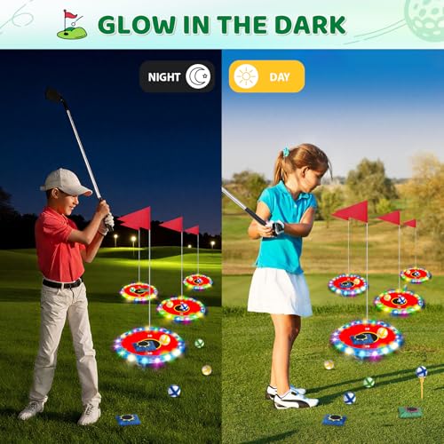 TERRAMUS Glow in the Dark Golf & Toss Game, 2 in 1 LED Target Set with 2 Clubs, 18 Balls, 6 Bean Bags, Outdoor Indoor Backyard Toy for Kids Ages 4 5 6 7 8, Birthday Gifts for Boys Girls - color: Red