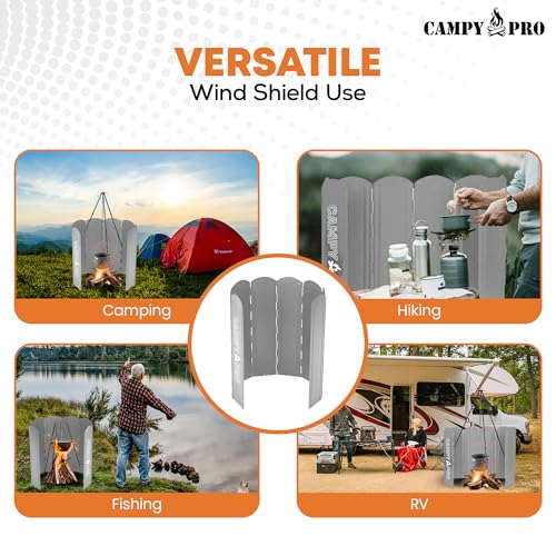 Silver Camping Stove Windscreen, Foldable 8-Panel Wind Blocker with Stakes & Bag, 23.6in (60cm) Portable Windshield, Fire Pit Wind Guard, Campfire, Patio, RV, Outdoor Cooking, Hiking, Picnic