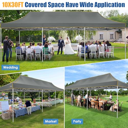 HOTEEL 10x30 Heavy Duty Pop up Canopy Tent Without Sidewalls, Easy Setup Outdoor Commercial Instant Tent for Parties Wedding Event, with Portable Bag, Gray(Hexagonal Frame) - color: Dark Gray, size: 10x30FT (No Walls)