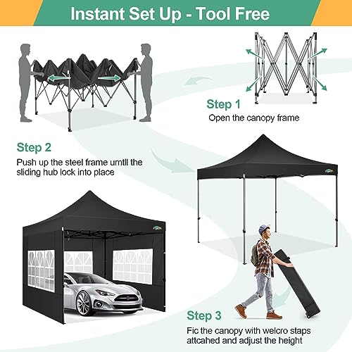COBIZI 10x10 Pop Up Canopy with Sidewalls Heavy Duty Party Tent with Removable Awning Easy Up Outdoor Canopy Wedding, All Season Windproof&Waterproof with Roller Bag UPF 50+, Black - color: Black, size: 10x10 With 4 Sidewalls