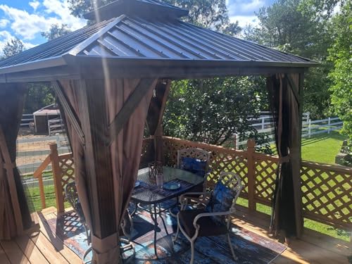 Domi 10' x 10' Hardtop Gazebo Permanent Metal Gazebo with Galvanized Steel Double Roof, Curtains and Netting for Party, Wedding, Outdoor Dining, Patio, Backyard, Brown - color: Brown, size: 10'×10' Double Roof