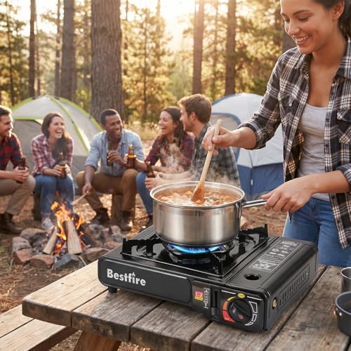 BESTFIRE Portable Dual Fuel Camping Stove - 10,000 BTU Butane and Propane Stove with Adapter & Case - Single Burner Gas Stove for Outdoor Cooking, Tailgating & Emergency
