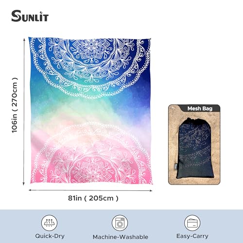 Sunlit Silky Soft Sand Proof Beach Blanket 106"x81" / 85"x72" Sand Proof Mat with Corner Pockets and Mesh Bag for Beach Party, Travel, Camping and Outdoor Music Festival, Mandala - color: Blue Pink, size: 106"x81"