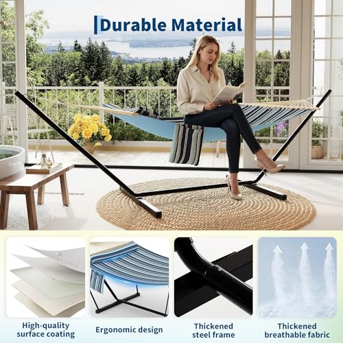 Double Hammock with Stand - Heavy Duty Portable 2 Person Design with Adjustable Steel Stand, Max 450LBS, Ideal for Outdoor Patio, Garden, Beach & Backyard - color: L-blue