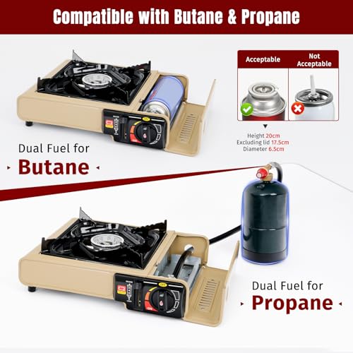 SHINESTAR Dual Fuel Camping Stove with Butane & Propane Compatibility, Portable Stove for Outdoor Cooking, Propane Adapter Hose, Wind Guard and Carrying Case Included (Fuel Not Included) - color: Khaki - 7800 BTU Dual Fuel with Windscreen
