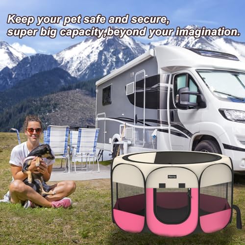Portable Pet Puppy Dog Cat Playpen, 8-Panel Indoor/Outdoor Puppy Pen with Shade Cover & Travel Bag - Waterproof Dog Cat Tent - color: Pink, style: Small (29"x29"x17" with free bonus)