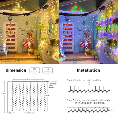 JMEXSUSS 300LED Dual Color Changing Curtain Lights with Remote, 9.8 x 9.8ft Connectable Plug in Christmas String Lights for Bedroom Backdrop Outdoor Decor, Warm White to Multicolor - color: Warm White to Multicolor, size: 300 LED