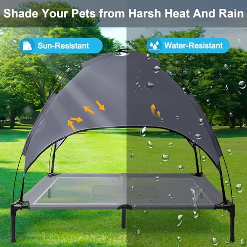 a12'' Outdoor Elevated Dog Bed with Canopy, Raised Dogs Bed Medium Large Size Dogs with Six Support Feet, BreathablaHammock Bed,Outside Pet Bed with 4 Ice Pack(Large)