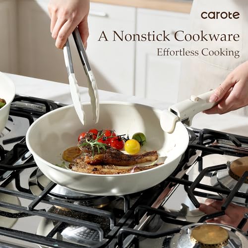 CAROTE 19pcs Pots and Pans Set, Nonstick Cookware Set Detachable Handle, Induction Kitchen Cookware Sets Non Stick with Removable Handle, RV Cookware Set, Oven Safe - color: Cream White with glass lid