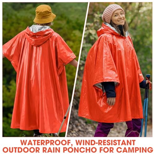 Tellegloww Emergency Ponchos with Polyester Film Blanket Liner Waterproof Windproof Thermal Survival Blanket Rain Ponchos - color: Orange
