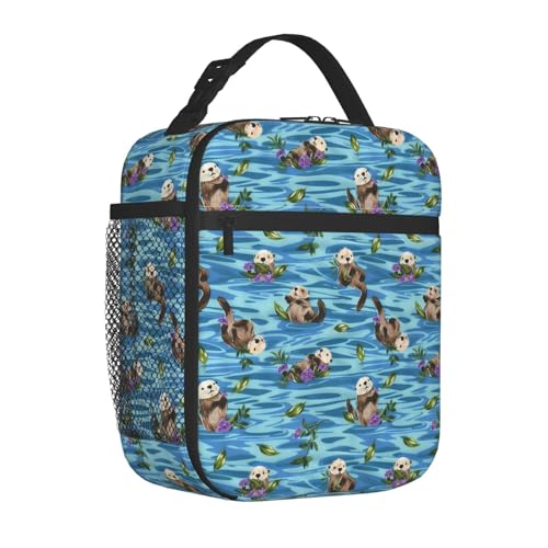 Reusable Sea Otter and Water Lily Lunch Box for Kids Girls Boys Women Adult, Insulated Cute Lunch Bag,Polyester Cooler Handbags Case for School Picnic Work Travel Outdoor Beach or Hiking - color: Otter 03