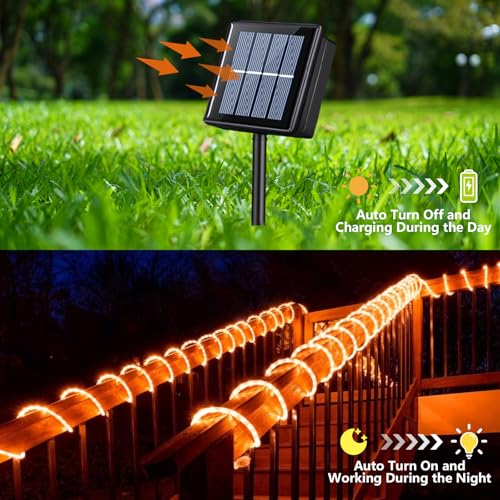 YEGUO Orange Solar Halloween Lights, 66ft 200 LED Solar Rope Lights Outdoor Waterproof, 8 Modes Fairy Lights in Clear Thin Tube - color: Orange