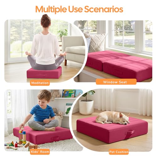 MeMoreCool Square Floor Pillow Seating for Adults Kids, Large Meditation Cushion Floor Pillow with Thick Foam & Soft Tufted Cover, Washable Big Pillow Seat Floor Cushion for Sitting Yoga 24" Wine - color: Magenta, size: 24 Inch