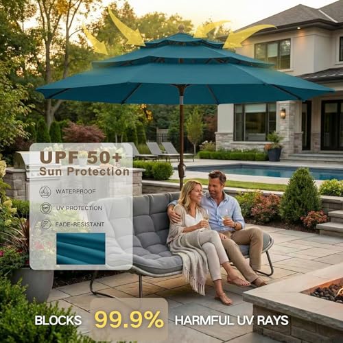 Kingdura 9ft 3-Tier Patio Umbrella, Outdoor Table Umbrella with Easy Crank & Tilt, 8 Reinforced Ribs, UV Protection for Deck, Pool, Market, Backyard (Lake blue) - color: Lake blue, size: 9 FT