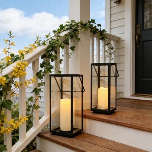 Lantern Decorative Outdoor & Indoor, 14.3'' & 11''H Metal Candle Lanterns Decor, Vintage Hanging Candle Holder for Front Porch Patio Wedding Farmhouse Home, Spring Decoration - color: Black / 14.3‘’h + 11‘’h / Timed Candles