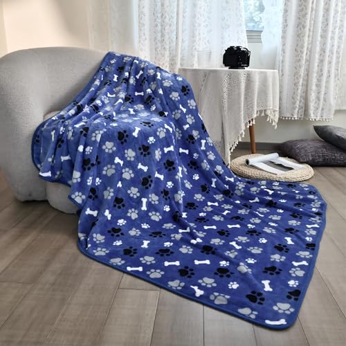 Waterproof Dog Blanket, Pattern Printing Super Soft Warm Fluffy Facecloth Sofa Car Bed Protector, Urine Proof Washable Outdoor Pet Blanket for Puppy Large Dogs & Cats(paw & Bone80*60) Blue - color: Blue | Bone, size: X-Large