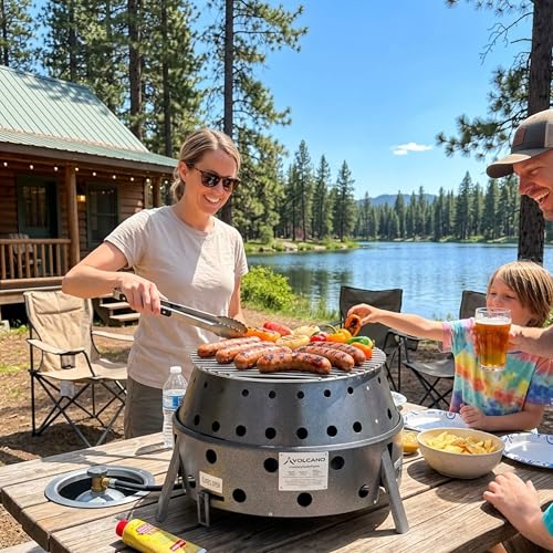 Volcano 2 Collapsible Grill Stove Portable Outdoor Stove with Carrying Case Compact 13” Cooking Surface Charcoal or Wood Compact Steel Camp Cooker for Backyard, Tailgating, Dutch Oven and Wok Cooking - style: Volcano 2 Base Grill (Charcoal/Wood)