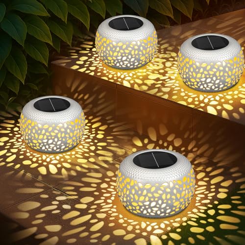 Solar Lanterns Outdoor Waterproof: 4 Pack White Hollow Out Metal Solar Lights - 2 Lighting Colors Outside Patio Garden Yard Porch Indoor Tabletop Decorations - Unique Gifts for Women Mom Wife - size: White 4 Pack
