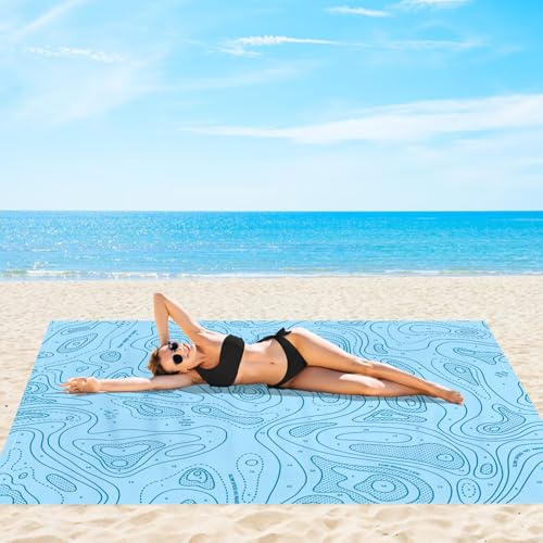 Beach Blanket Waterproof Sandproof, 78”x 86” Large Sand Free Beach Mat with 4 Stakes & Portable Bag, Big Flodable Compact Outdoor Pockets Picnic Blanket - color: Blue Coastline, size: 6.5x7.2 FT (1～4 person)