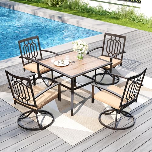 PHI VILLA 5 Pieces Outdoor Dining Set for 4, 37” Square Wrought Iron Table with Ploywood Tabletop & Swivel Metal Steel Chairs with Cushions, Outside Furniture Set for Patio, Porch, Deck, Backyard - color: Hexagon Back Swivel Chair, size: 5PCS-37" Wood Top
