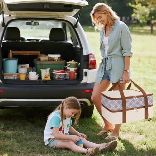 Coobiiya Insulated Casserole Carrier,Lasagna Lugger Tote Keeps Food Hot or Cold,Thermal Lunch Bag Warmer & Cooler Carrier Bag,Portable Tote Bag Fits 9" x 13" Baking Dish for Picnic and Cookout - color: Beige, size: Double Layer: 15.75 × 11.8 × 7.87 in