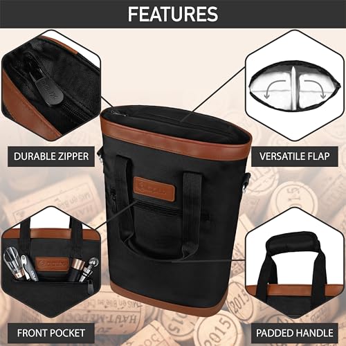 opux Two Bottle Wine Bag Carrier Tote, Insulated Leakproof 2 Bottle Wine Cooler Bag for Travel BYOB Picnic, Portable Wine Case, Gift for Men Women Wine Lover Birthday Party Christmas, Black - color: Black